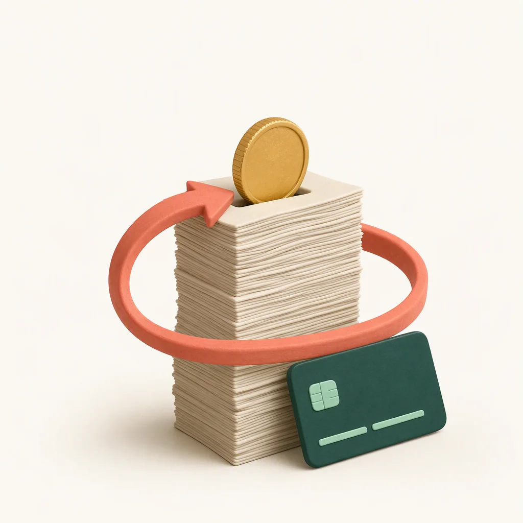 A coin caught in a payment loop around a stack of debt bills.