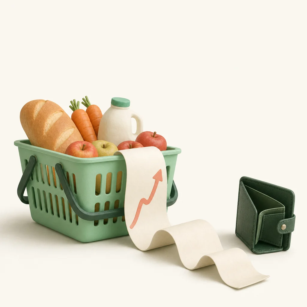 A grocery basket with a long receipt reaching toward an almost empty wallet.