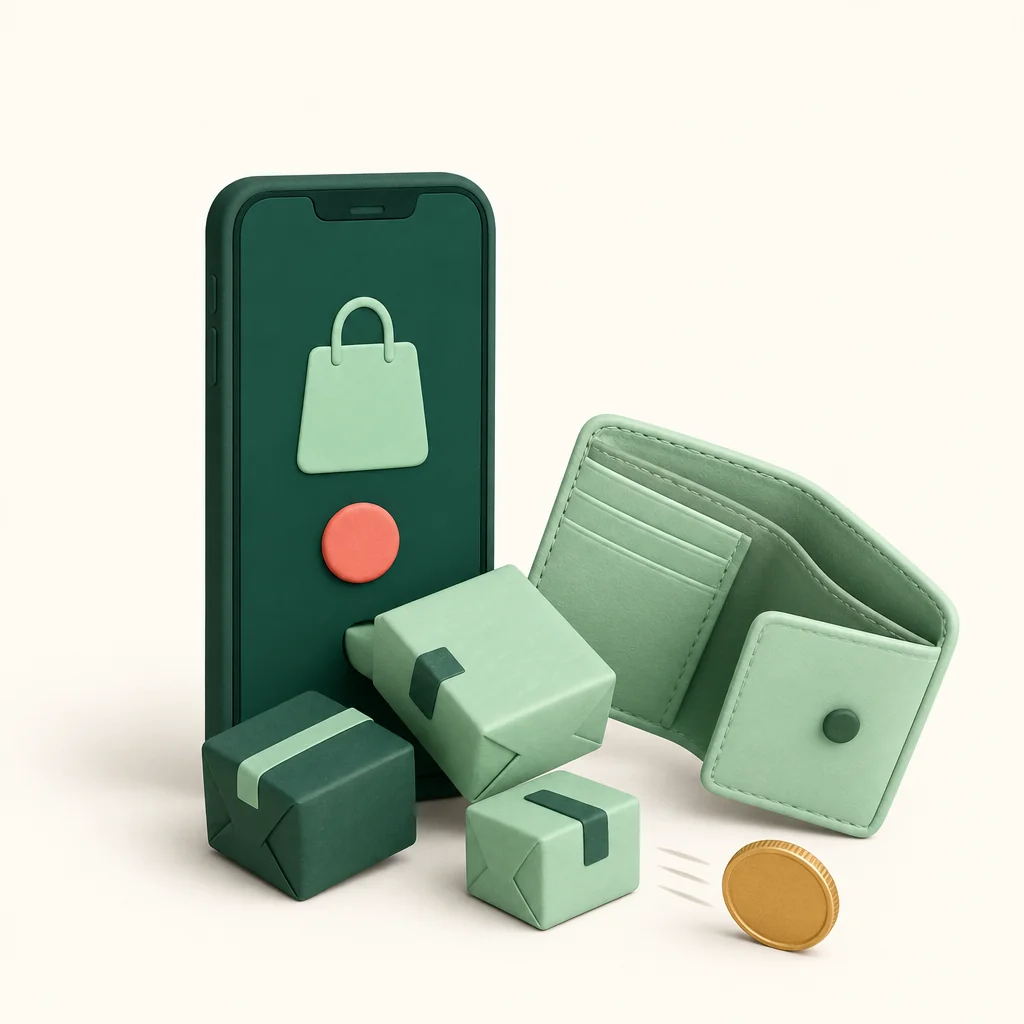 Shopping parcels spilling from a phone beside an almost empty wallet.