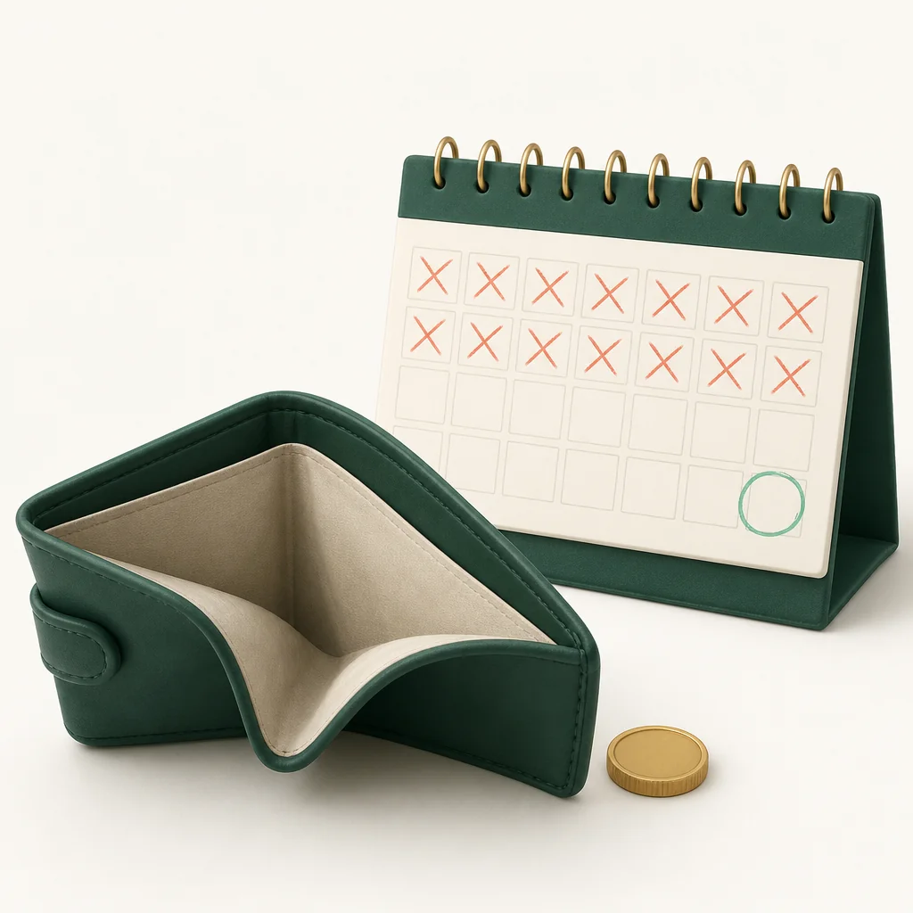 An empty wallet beside a calendar with payday still ahead.