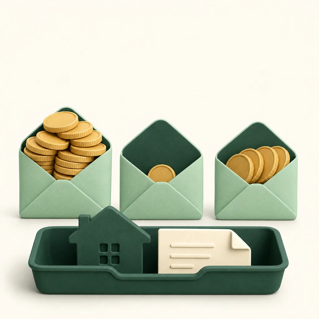 Three pay envelopes with uneven amounts of money above a steady household bill.